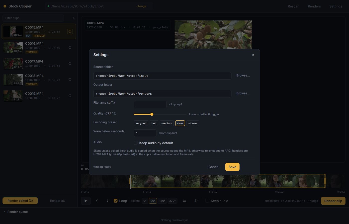 Stock Clipper settings: source and output folders with the system folder picker, output format, filename suffix, quality, encoding preset, short-clip warning and the default audio choice